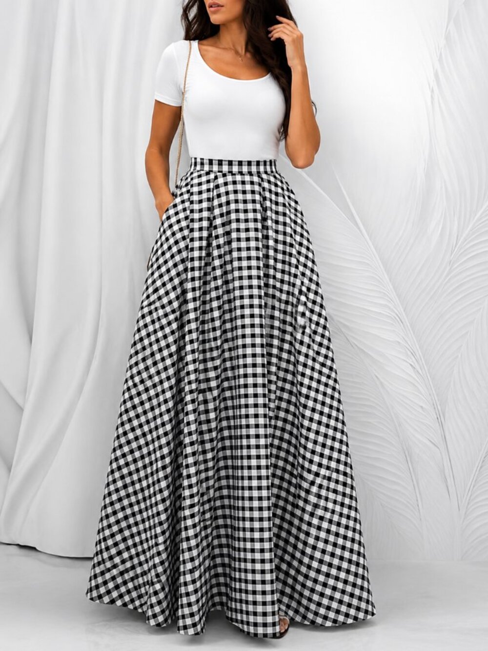 Black White Gingham Maxi Skirt Full Length A-Line Pockets High Waist Size L